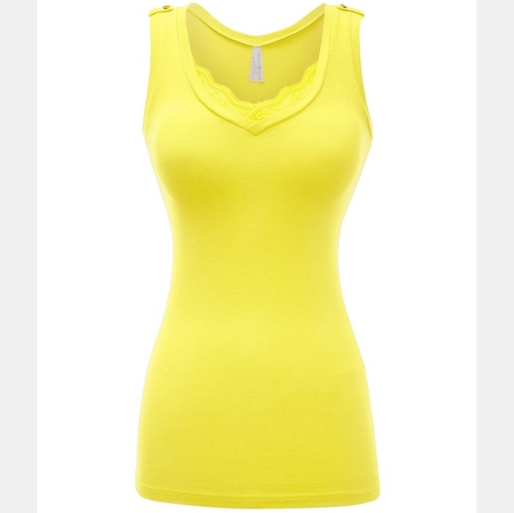 Yellow deep vneck lace trim casual lowcut sexy summer cotton tank top shirt